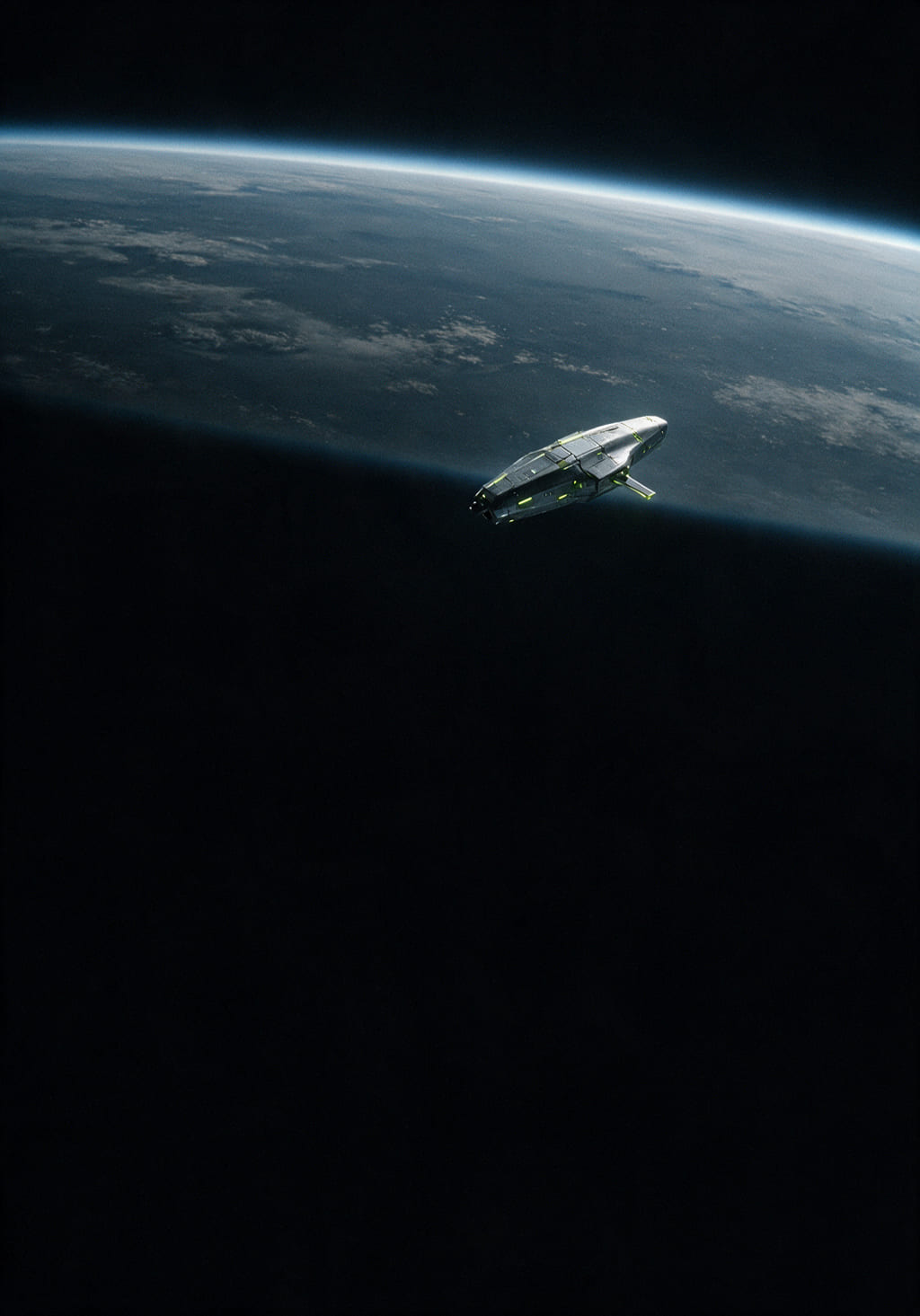 A planet limb seen from orbit, with a single unmarked vehicle crossing the terminator line